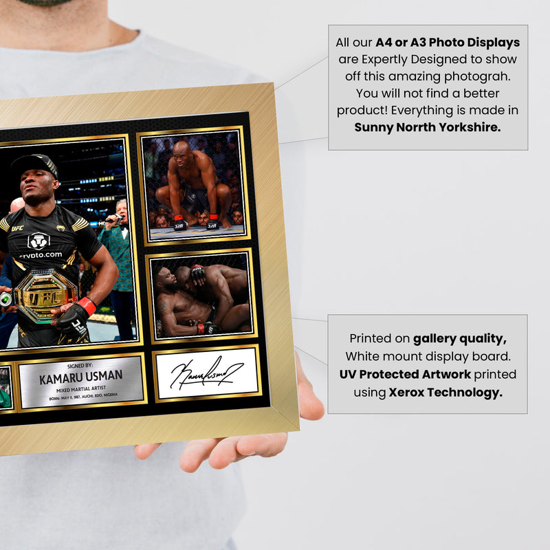 Kamaru Usman UFC FIighters Framed Autographed Print - Limited Edition Autograph Fan Gift – Collectible Memorabilia Merchandise