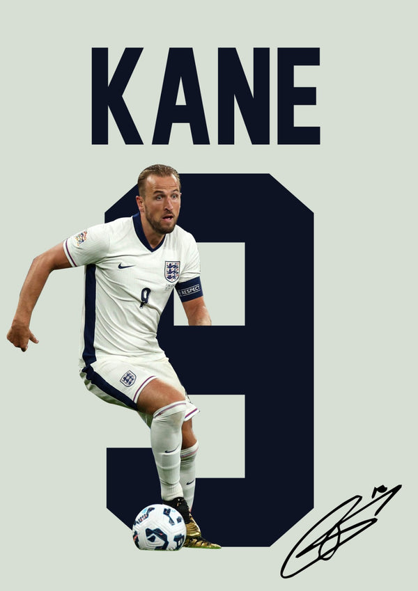 Harry Kane Printed Signature Poster Print – England National Team Captain Tribute Wall Art with Signature & Jersey Number 9