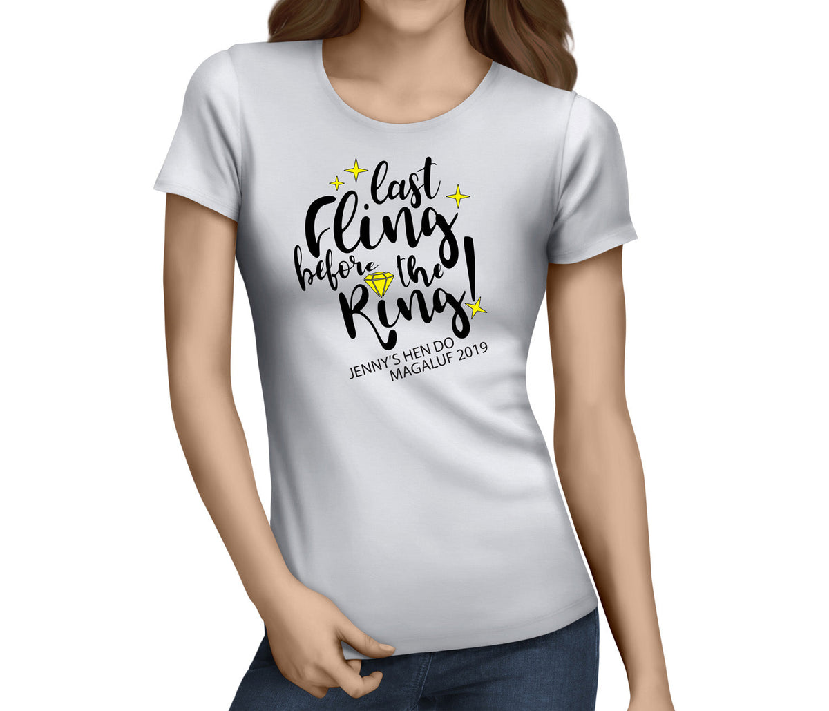 Personalised Last Fling Before The Ring Hen T-Shirt – Last fling before the ring t-shirt printed in full colour on a white tee