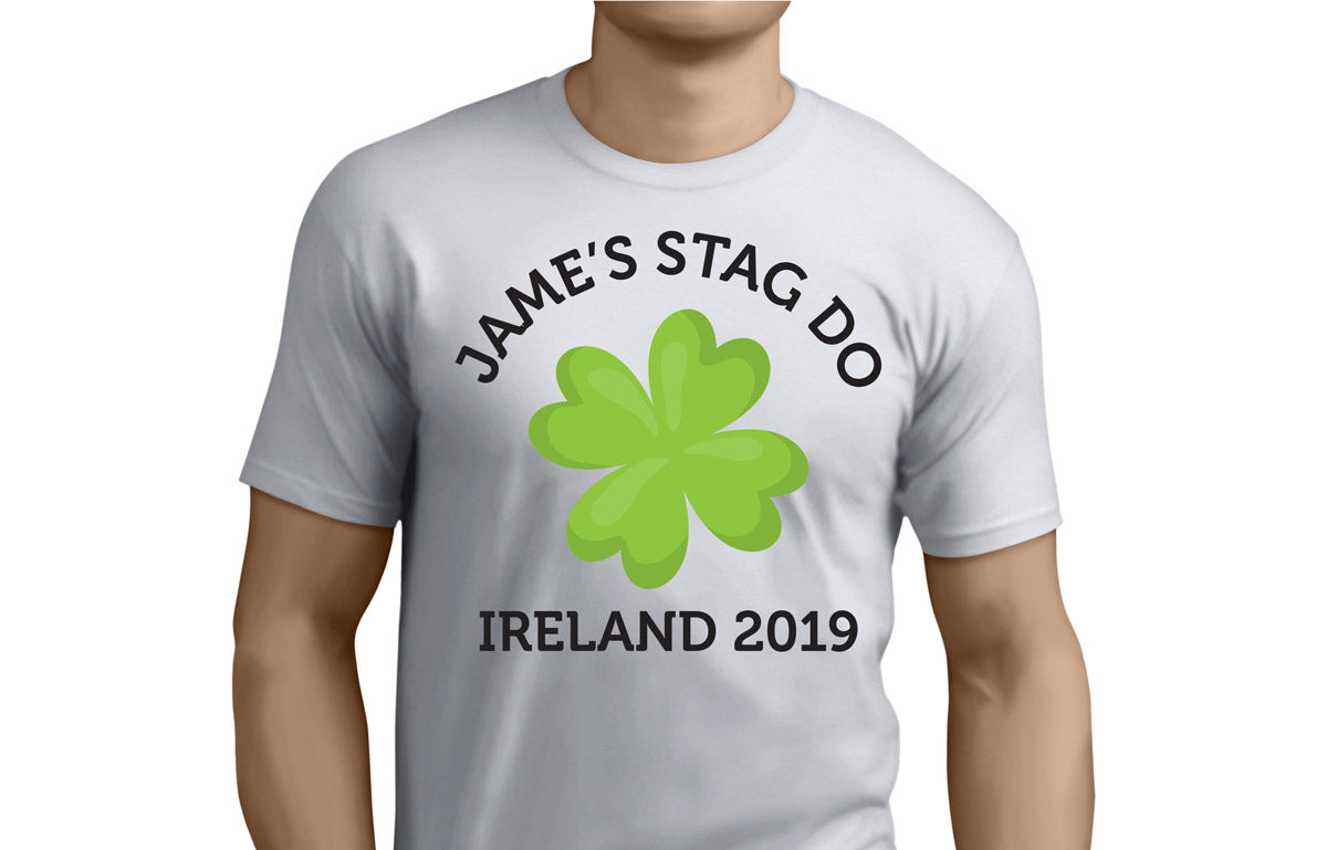 Personalised Lucky Clover Stag Do T-Shirt – Irish Stag Tee – Irish stag do t-shirt printed in full colour on a white tee