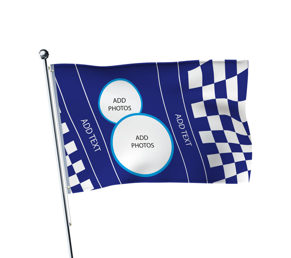Personalised Leicester City football flag in blue and white, printed with custom wording