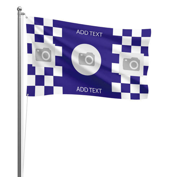 Personalised Leicester City football flag design 2 in blue and white, printed with custom wording