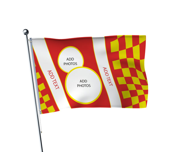 Personalised Liverpool football flag in red and yellow, printed with custom wording
