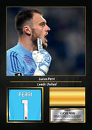 Lucas Perri Printed Signed Poster – Leeds United FC & Brazil Goalkeeper Tribute Wall Art with Jersey & Bio Plaque – Premier League Football Memorabilia for Fans & Collectors