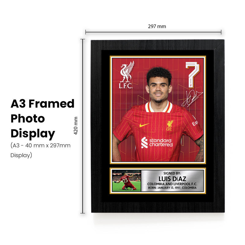 Luis Díaz Signed Autographed Portrait Poster Print – Liverpool F.C. & Colombia National Team – No. 7 Home Kit Football Memorabilia Wall Art