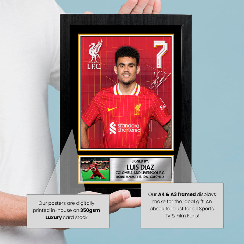 Luis Díaz Signed Autographed Portrait Poster Print – Liverpool F.C. & Colombia National Team – No. 7 Home Kit Football Memorabilia Wall Art