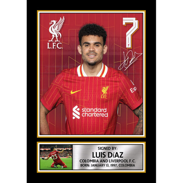 Luis Díaz Printed Signature Portrait Poster Print – Liverpool F.C. & Colombia National Team – No. 7 Home Kit Football Wall Art Wall Art