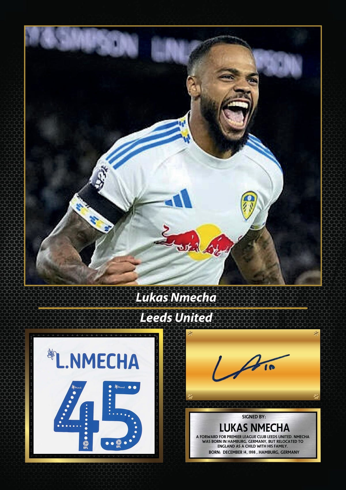 Lukas Nmecha Printed Signature Football Wall Art – Framed Display with Leeds United Tribute – Collector’s Gift for Fans – Lukas Nmecha Printed Signature Football Wall Art