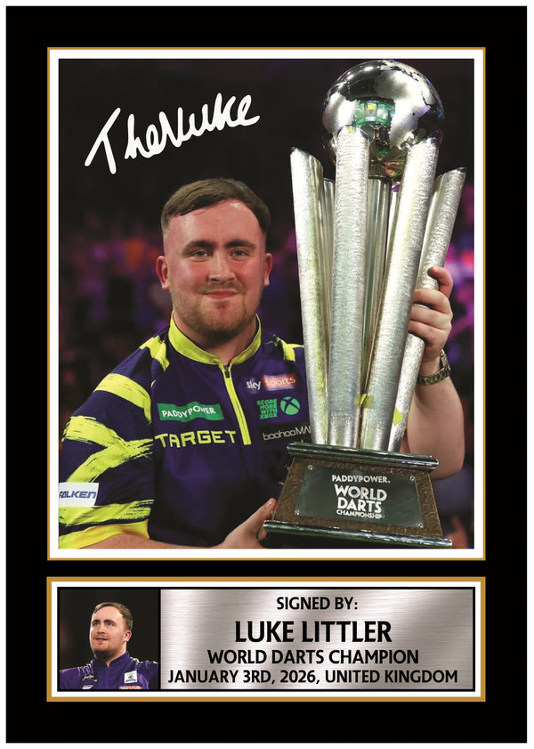 Luke Littler Printed Signature Poster Print – World Darts Champion 2026 Trophy Celebration Wall Art – Style Darts Wall Art – Reproduction Print