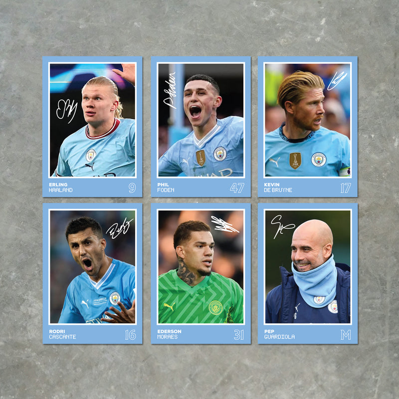 Manchester City Players SIGNED A6 Poster Pack 2 - 6 Autographed Poster Print Cards (Haaland, Foden, De Bruyne, Rodri, Ederson, Guardiola)