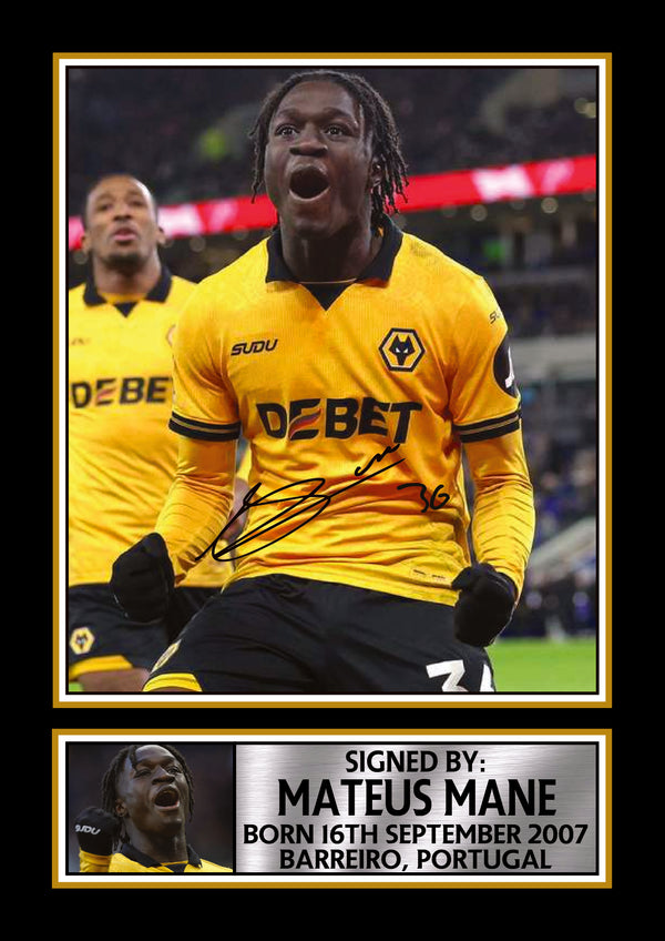 Mateus Mane Printed Signature Football Wall Art – Framed Display with Wolverhampton Photo & Plaque – Collector’s Gift for Fans