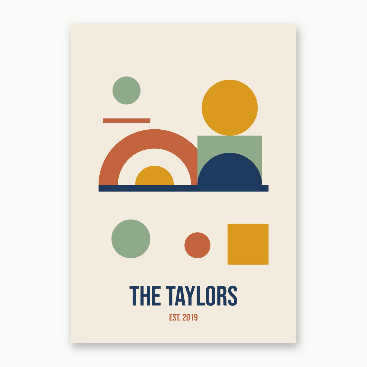 Personalised family name print with mid-century abstract shapes and THE TAYLORS EST. 2019