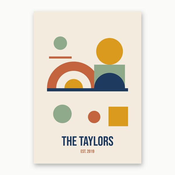 Personalised family name print with mid-century abstract shapes and THE TAYLORS EST. 2019