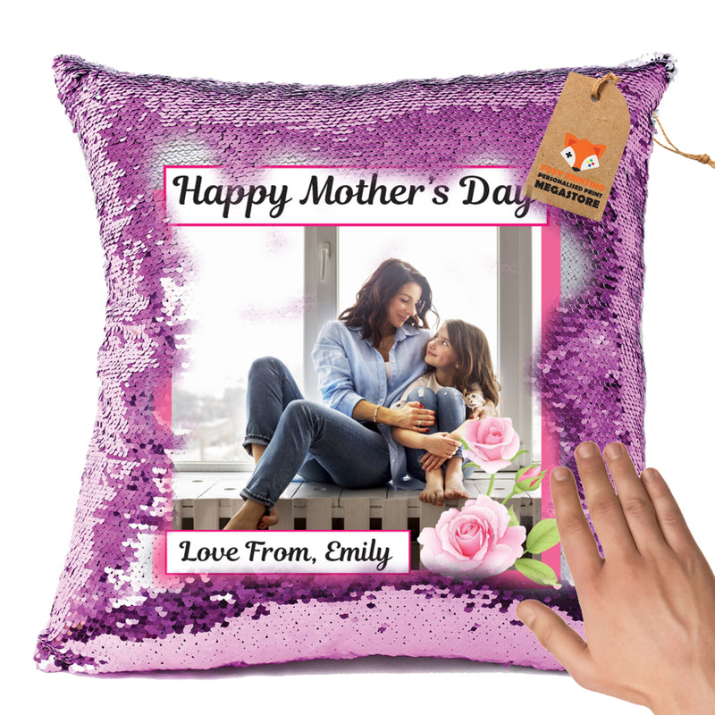 PERSONALISED MOTHERS DAY SUBLIMATED SEQUIN CUSHION WITH INSERT ANY PHOTO WITH TEXT HIGH QUALITY DESIGN 1