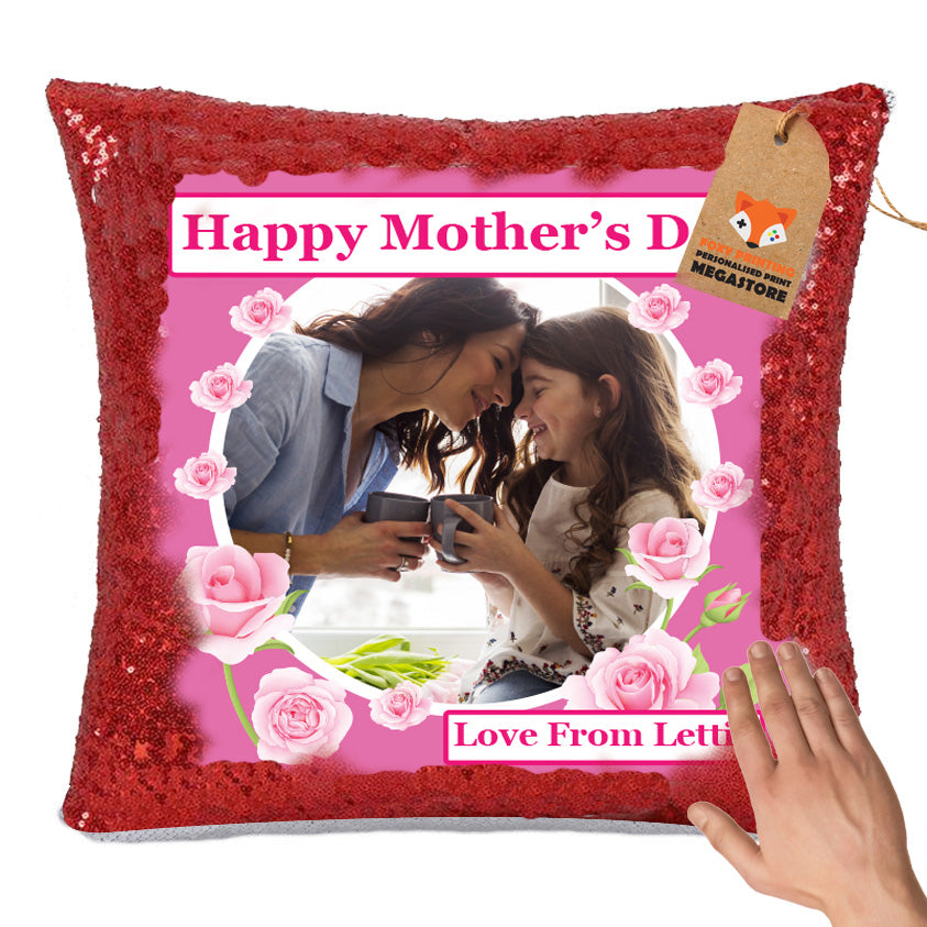Personalised Mothers DAY Sublimated Sequin Cushion With Insert ANY Photo With – CLASSIC RED