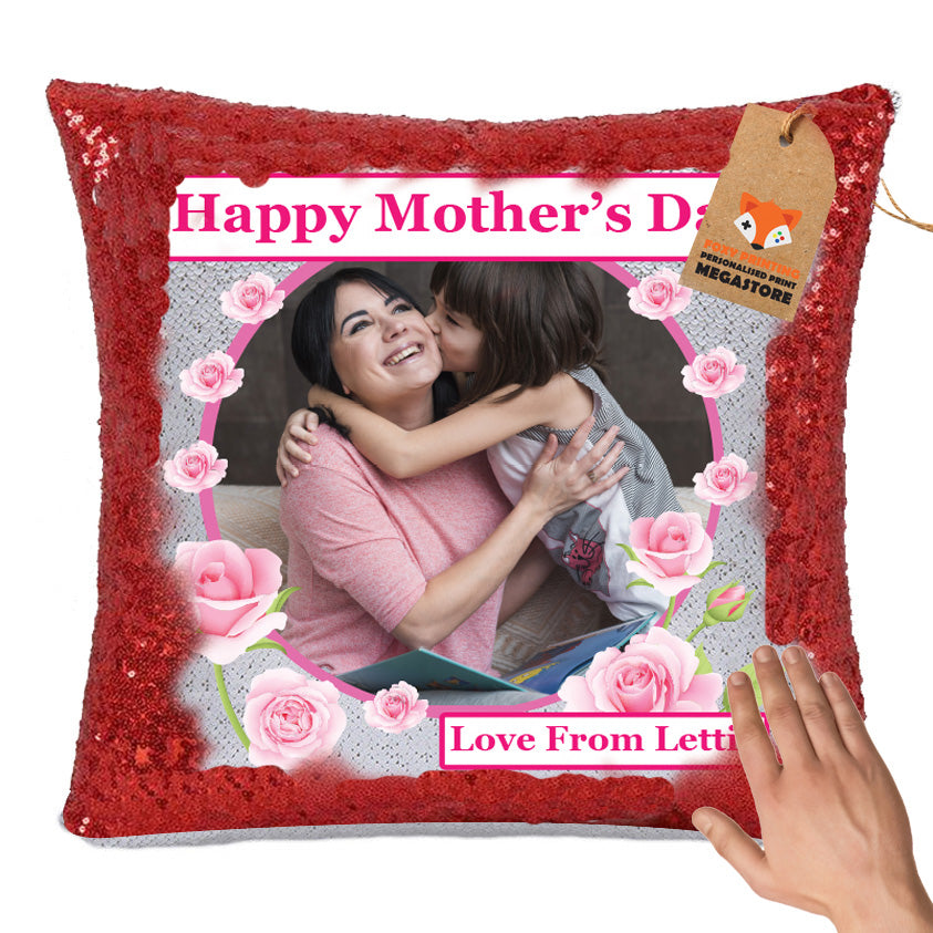 Personalised Mothers DAY Sublimated Sequin Cushion With Insert ANY Photo With – CLASSIC RED