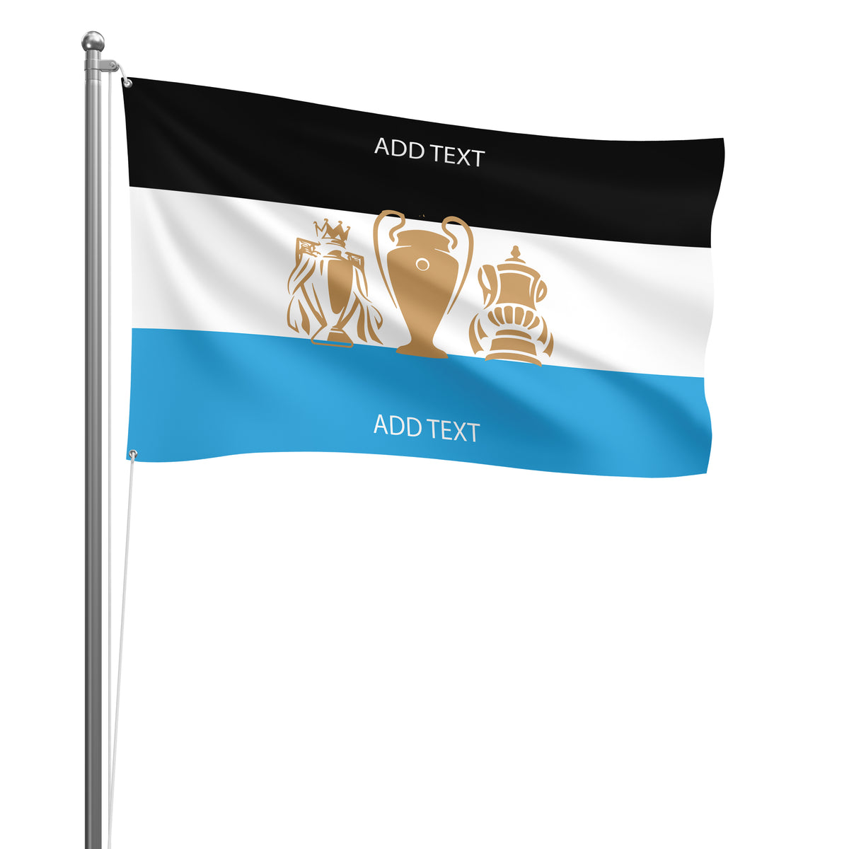 Personalised Man City football flag design 2 in sky blue and white, printed with custom wording