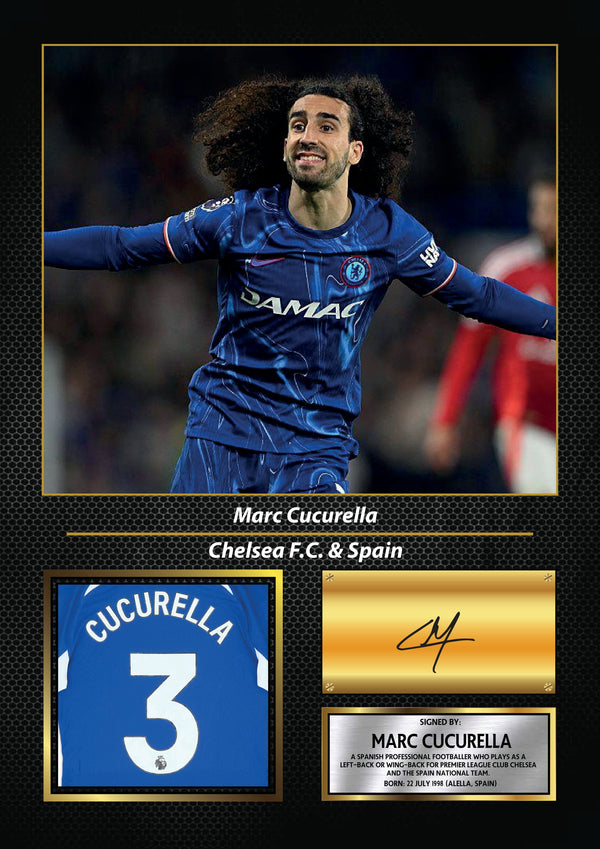 Marc Cucurella Printed Signature Football Wall Art – Framed Display with Chelsea & Spain Tribute – Collector’s Gift
