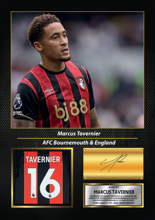 Marcus Tavernier Printed Signature Poster – AFC Bournemouth & England Midfielder Tribute Wall Art with Jersey & Bio Plaque