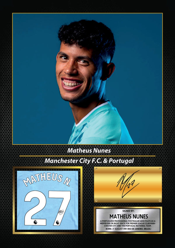 Matheus Nunes Printed Signature Football Wall Art – Framed Display with Manchester City & Portugal Tribute – Collector’s Gift