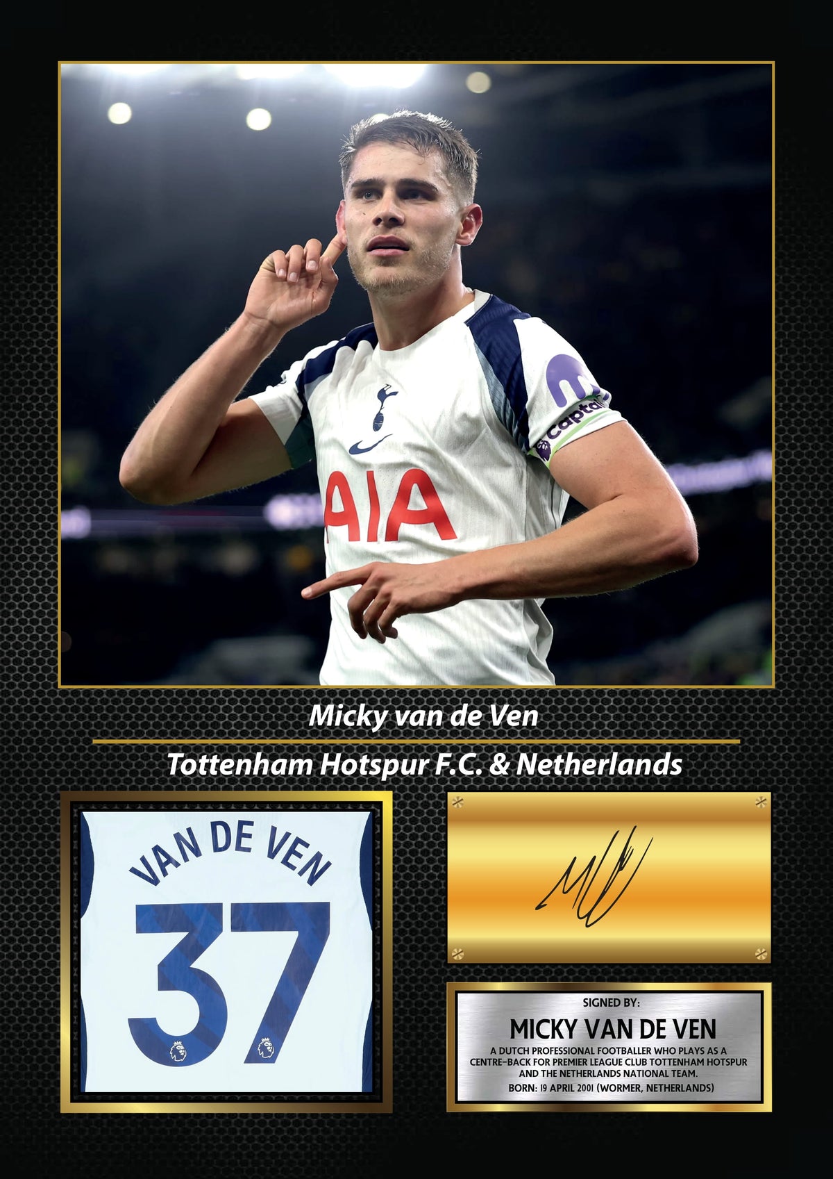 Micky van de Ven Printed Signature Football Wall Art – Framed Display with Tottenham & Netherlands Tribute – Collector’s Gift – Micky van de Ven Printed Signature Football Wall Art