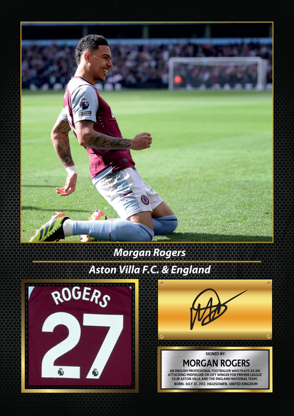 Morgan Rogers Printed Signature Poster – Aston Villa FC & England Midfielder Tribute Wall Art with Jersey & Bio Plaque