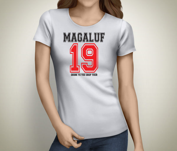 Stag do name and number t-shirt printed in full colour on a white tee