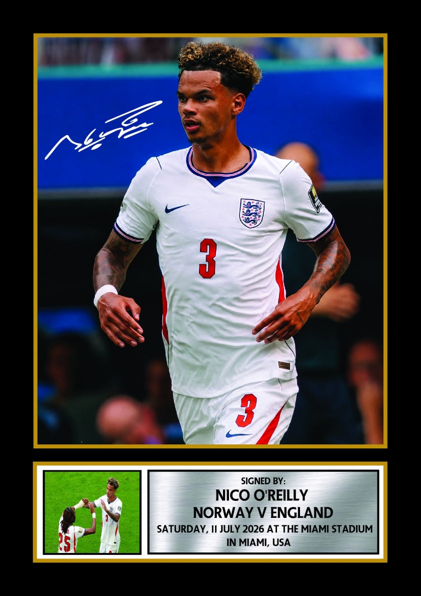 Nico O'Reilly England vs Norway 2026 Footballer Printed Signature Print – nico O'Reilly printed signature poster