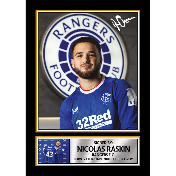 Nicolas Raskin Printed Signature Portrait Poster Print – Rangers F.C. & Belgium Midfielder – Football Wall Art Wall Art – Reproduction Print