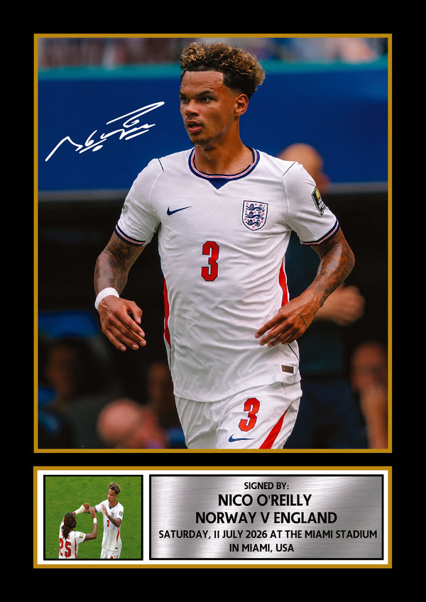 Nico O'Reilly England Football Poster Print – Signature Style Wall Art – Norway vs England 2026 Inspired – Football Fan Gift