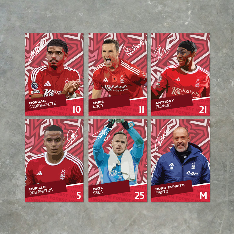 Nottingham Forest Players SIGNED A6 Poster Pack - 6 Autographed Poster Print Cards (Gibbs-White, Wood, Elanga, Murillo, Sels, Santo)