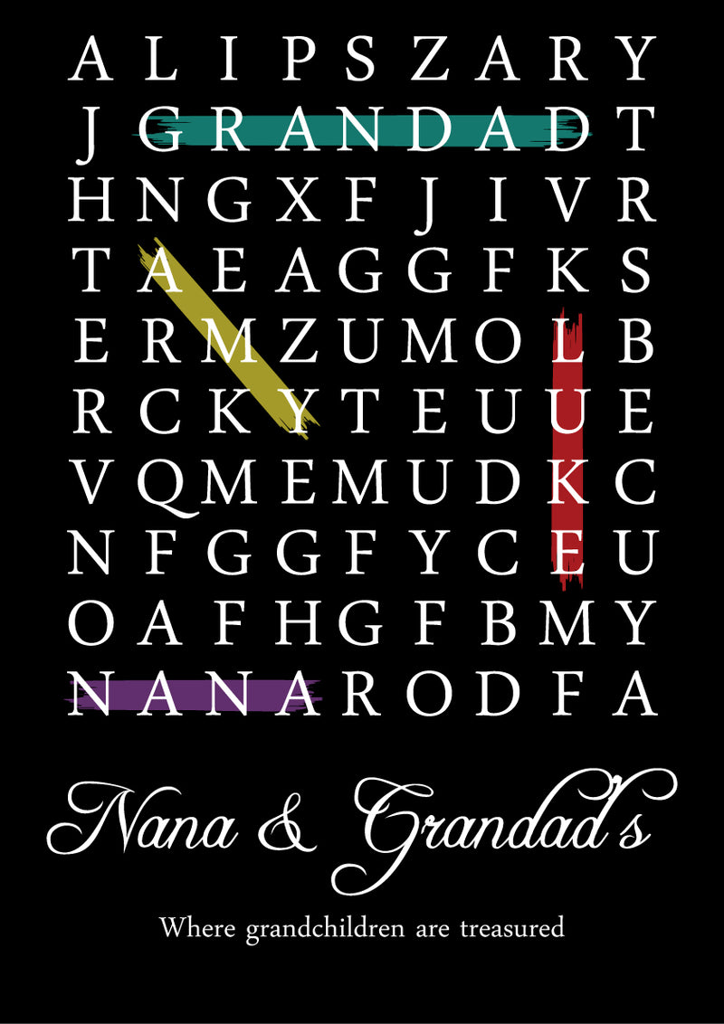 NANA AND GRANDAD BLACK PERSONALISED WORD SEARCH CUSTOM WORD PUZZLE UNIQUE HIGH QUALITY DEISGN