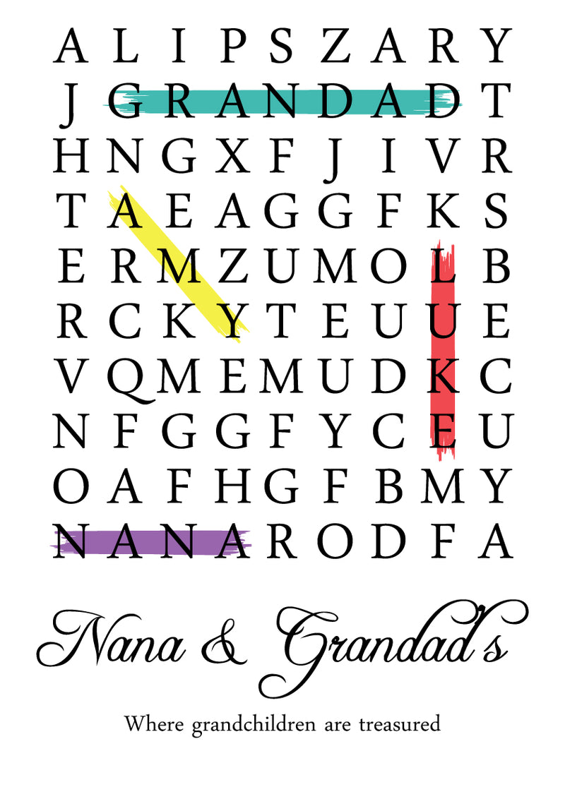 NANA AND GRANDAD WHITE PERSONALISED WORD SEARCH CUSTOM WORD PUZZLE UNIQUE HIGH QUALITY DESIGN