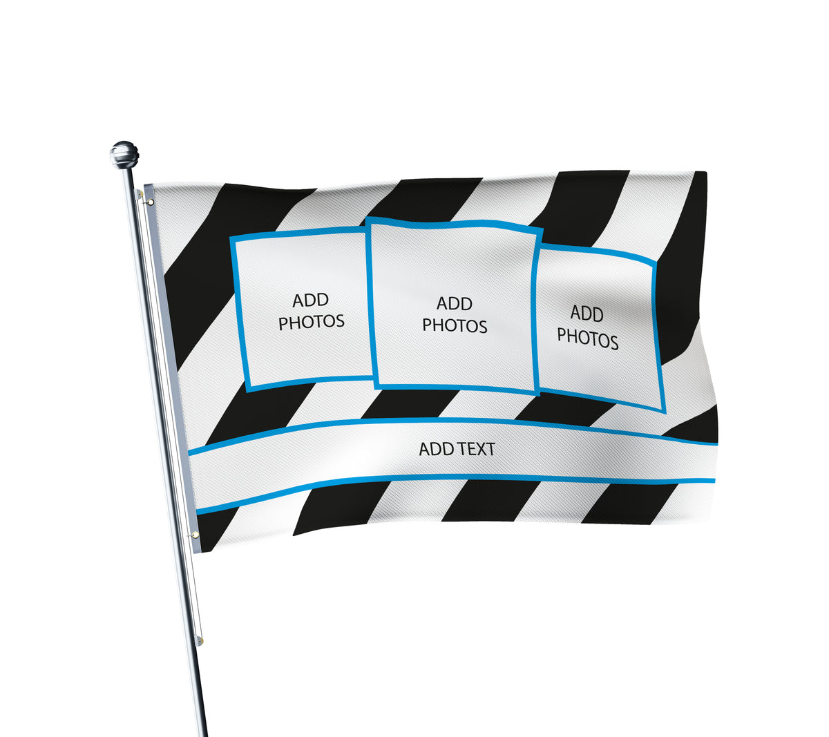 Personalised Newcastle football flag in black and white, printed with custom wording