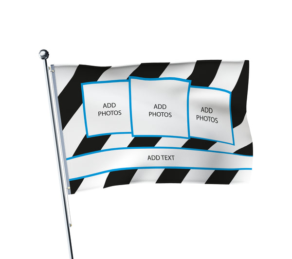 Personalised Newcastle football flag in black and white, printed with custom wording