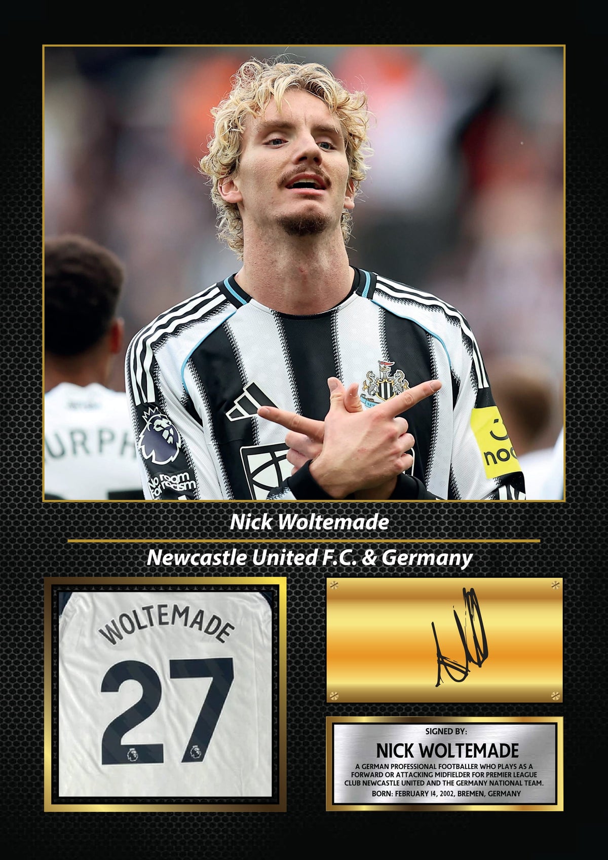 Nick Woltemade Printed Signature Poster – Newcastle United FC & Germany Forward Tribute Wall Art with Jersey & Bio Plaque – Nick Woltemade Printed Signature Poster