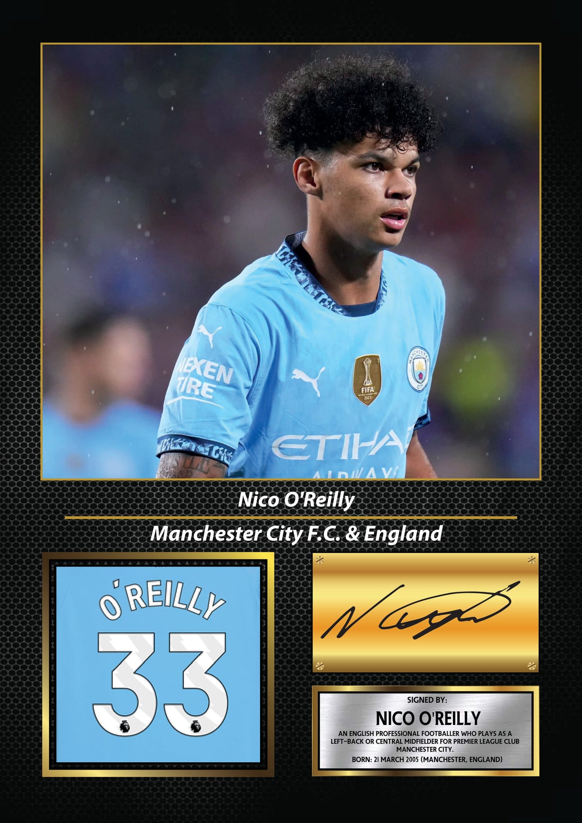 Nico O'Reilly Printed Signature Football Wall Art – Framed Display with Manchester City & England Tribute – Collector’s Gift – Nico O'Reilly Printed Signature Football Wall Art