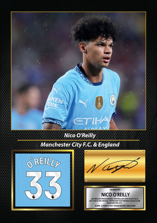 Nico O'Reilly Printed Signature Football Wall Art – Framed Display with Manchester City & England Tribute – Collector’s Gift
