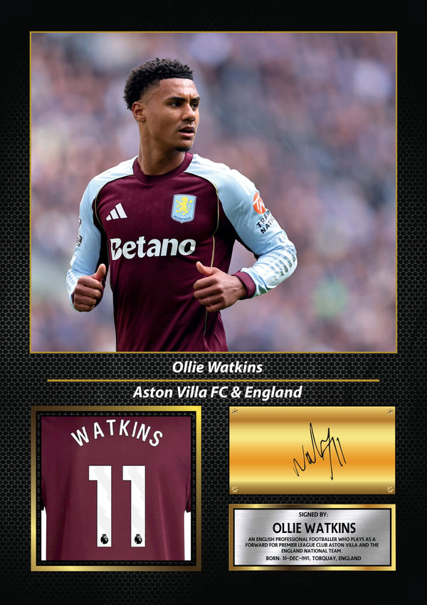 Ollie Watkins Printed Signature Poster – Aston Villa FC & England Forward Tribute Wall Art with Jersey & Bio Plaque