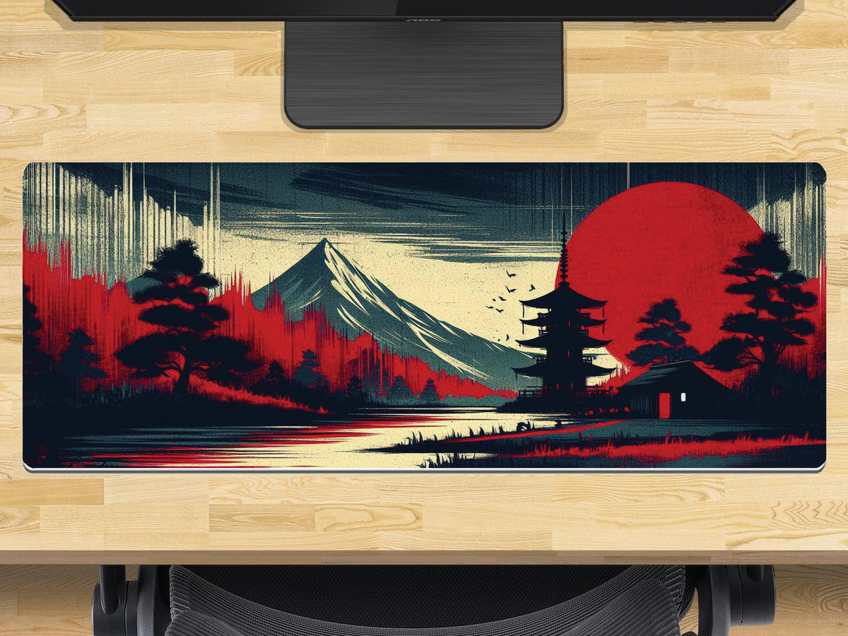 Extra Large Gaming Mouse Mat 800mm x 300mm - Pagoda 1 Red Moon River
