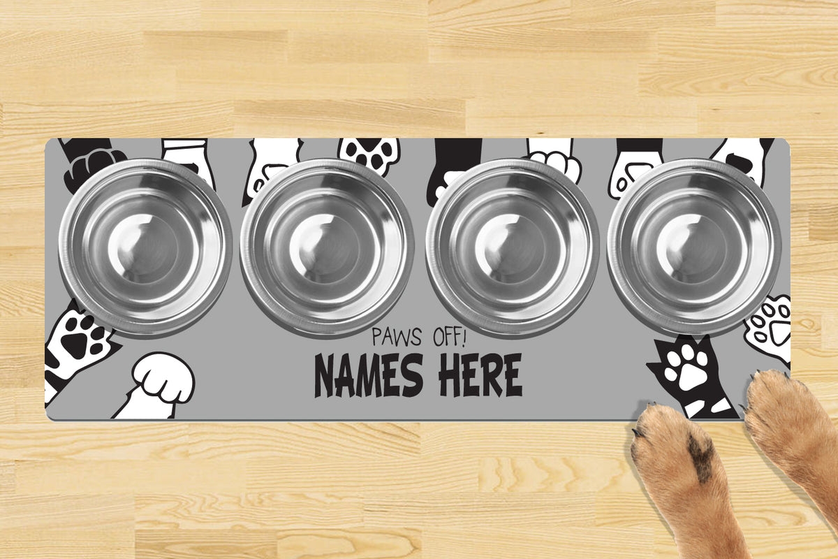 Personalised Dog Bowl Mat 880mm x 300mm4 Bowl Design - PAWS OFF 1