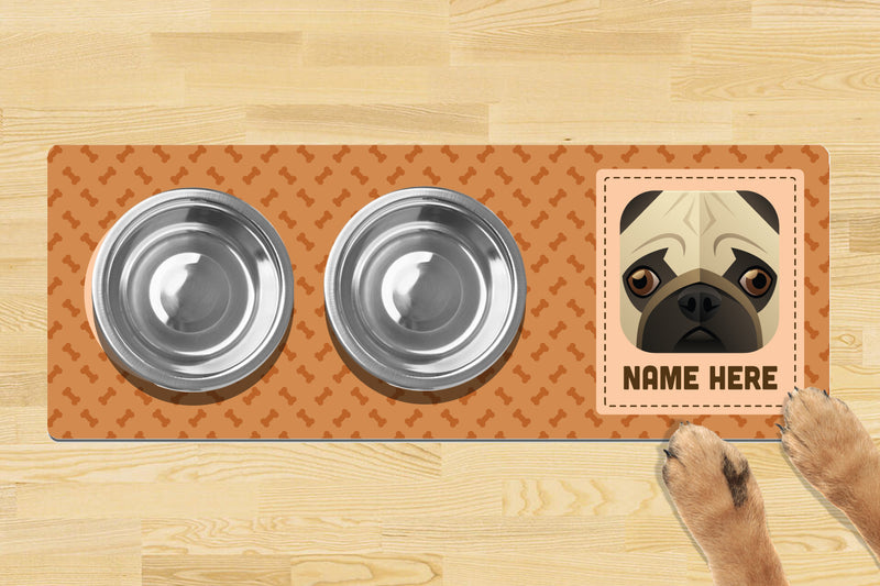 Personalised Dog Breed Dog Bowl Mat (880mm x 300mm)(2 Bowl Design) - PUG