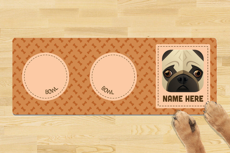 Personalised Dog Breed Dog Bowl Mat (880mm x 300mm)(2 Bowl Design) - PUG