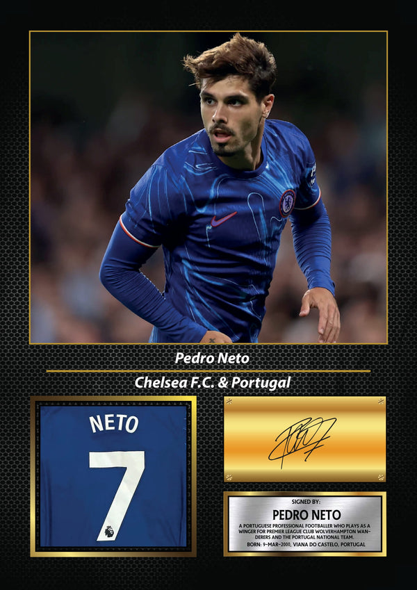 Pedro Neto Printed Signature Poster – Wolves & Portugal Midfielder Tribute Wall Art with Jersey & Bio Plaque