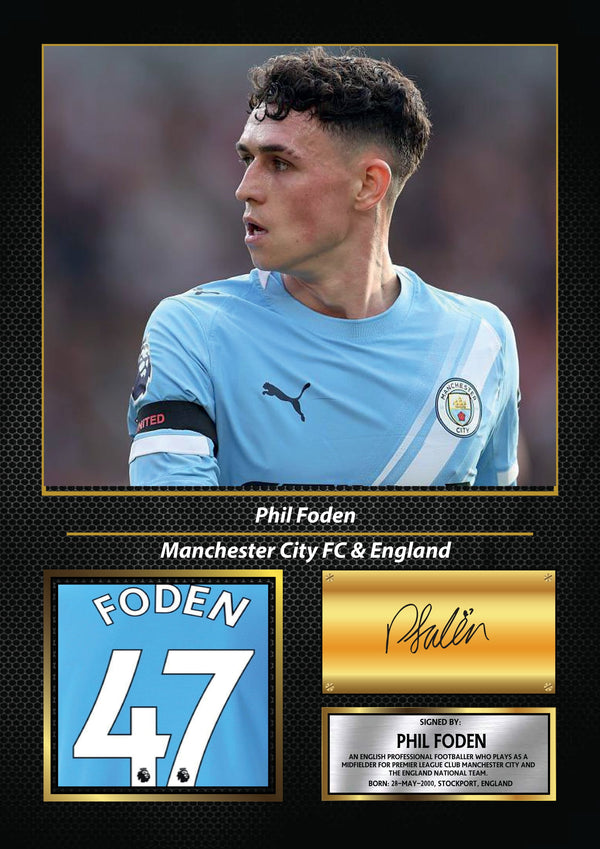 Phil Foden Printed Signature Poster – Manchester City FC & England Midfielder Tribute Wall Art with Jersey & Bio Plaque