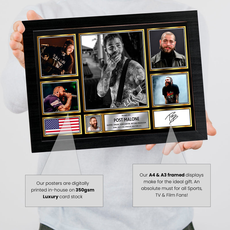 Rappers Post Malone Framed Autographed Print - Limited Edition Autograph Fan Gift – Collectible Memorabilia Merchandise