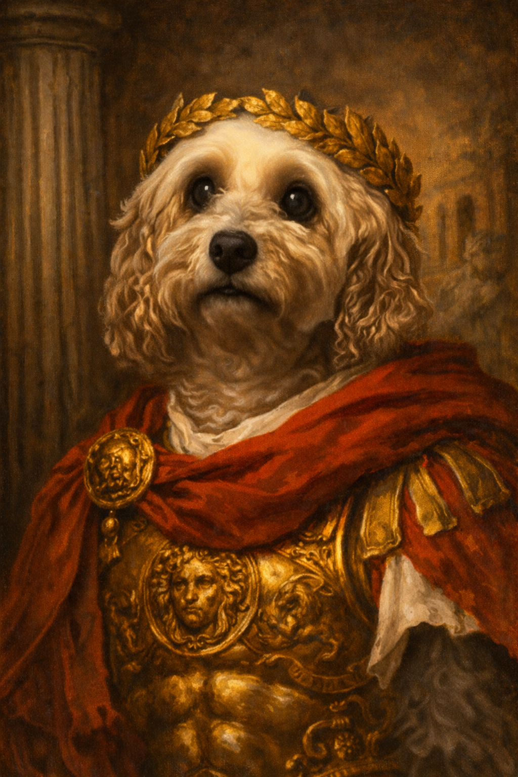 Roman Emperor Dog Poster – Julius Caesar Inspired Dog Wall Art – Funny Ancient Rome Dog Painting – Classical Military Pet Portrait Decor – Roman Emperor Dog Poster