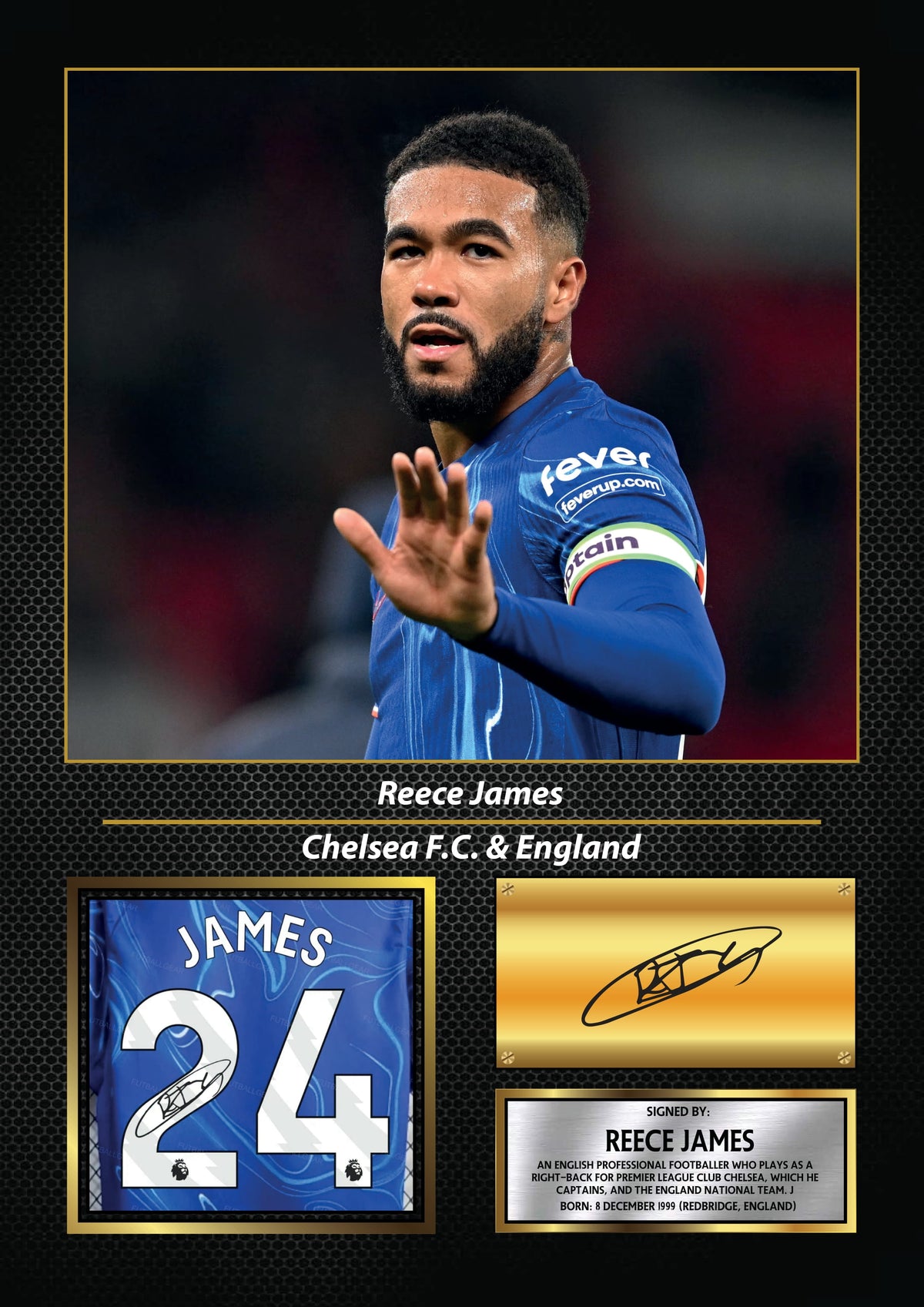 Reece James Printed Signature Football Wall Art – Framed Display with Chelsea Captain & England Tribute – Collector’s Gift – Reece James Printed Signature Football Wall Art
