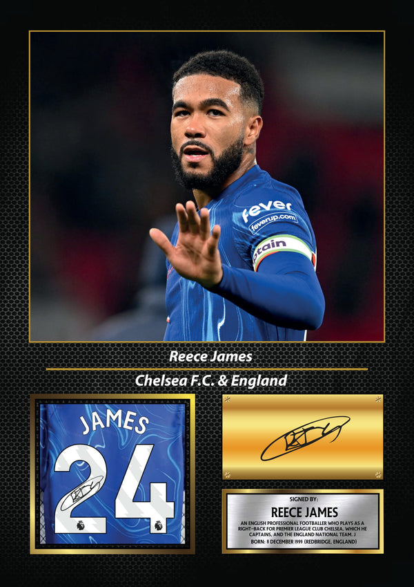 Reece James Printed Signature Football Wall Art – Framed Display with Chelsea Captain & England Tribute – Collector’s Gift