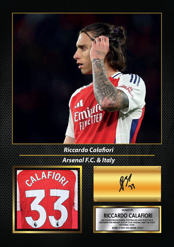 Riccardo Calafiori Printed Signature Football Wall Art – Framed Display with Arsenal & Italy Tribute – Collector’s Gift
